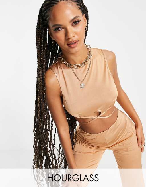 ASOS DESIGN Hourglass - Crop top sinuoso da abito allacciato in vita color oro stile anni '90 in coordinato