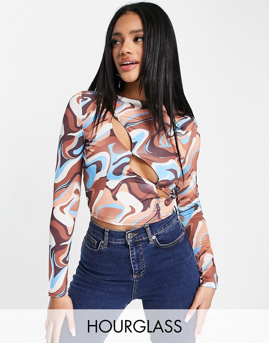 ASOS DESIGN Hourglass crop top with long sleeves with asym button up in marble-Neutral