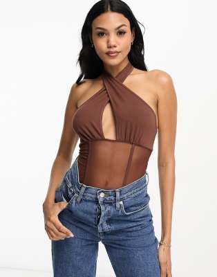 Asos Design Hourglass Cross Over Neck Mesh Corset Bodysuit In Chocolate-brown