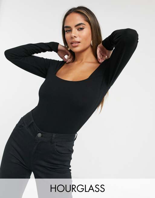 ASOS DESIGN Hourglass – Czarne body z długim rękawem i kwadratowym dekoltem z przodu i z tyłu