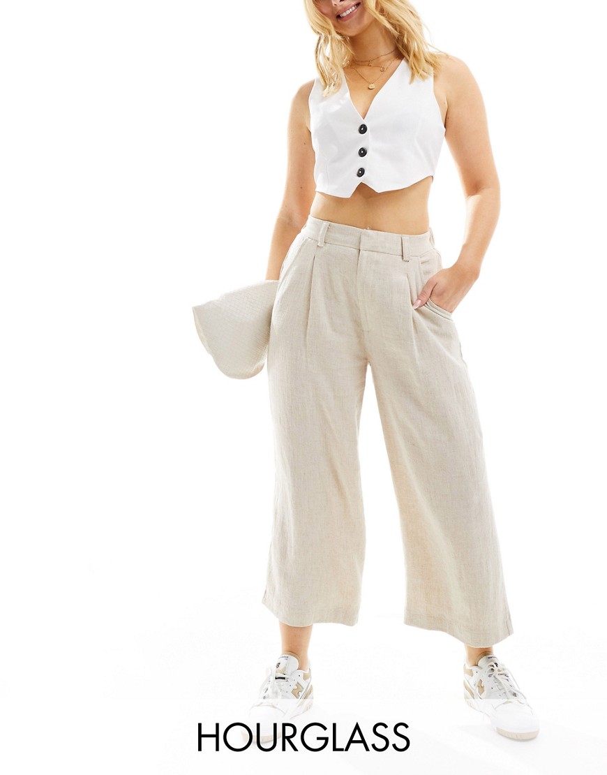 Asos Design Petite Wide Leg Dad Pants With Linen In Natural-neutral