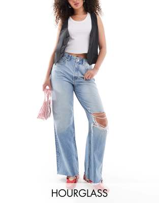 Asos Design Hourglass Dad Jeans In Mid Blue With Rips