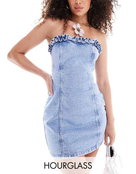 ASOS DESIGN Hourglass denim bandeau mini dress with frill bust detail in bromo wash - view 1