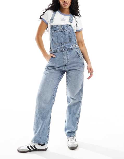 Tall Blue Wash Cargo Shoulder Pad Denim Jumpsuit