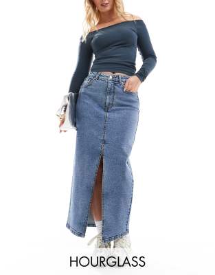 ASOS DESIGN ASOS DESIGN Hourglass denim maxi skirt with split hem in midwash blue
