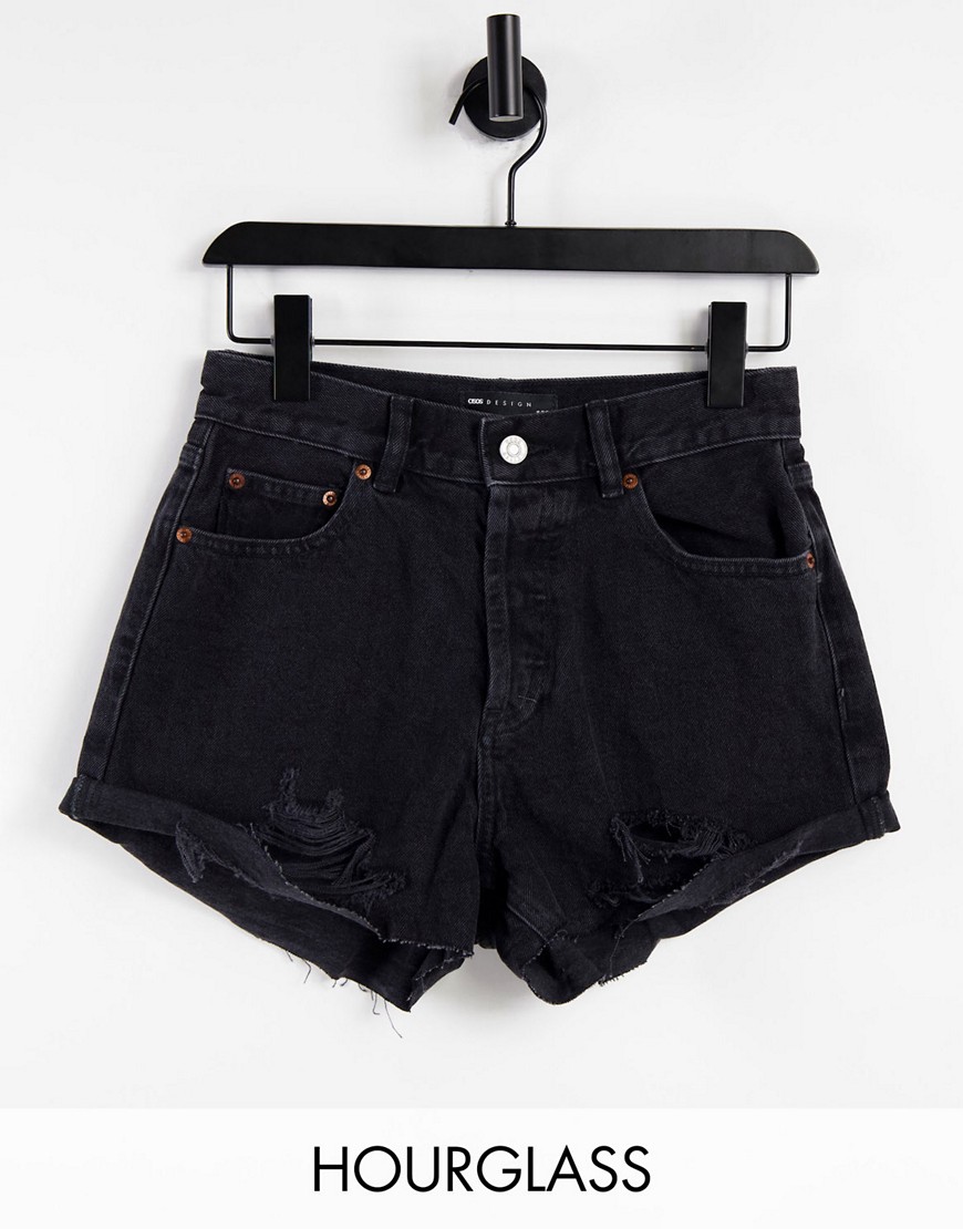ASOS DESIGN Hourglass denim mid rise relaxed shorts in washed black with rips