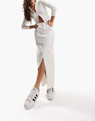 Asos Design Denim Midi Skirt With Split Hem In Ecru-neutral In Neutral