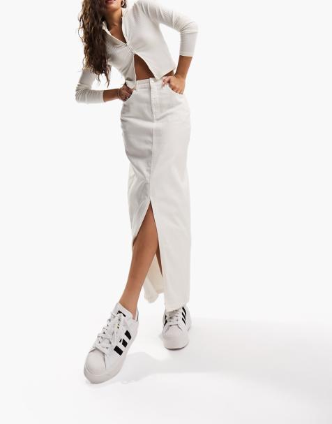 ASOS DESIGN Hourglass denim midi skirt with split hem in ecru