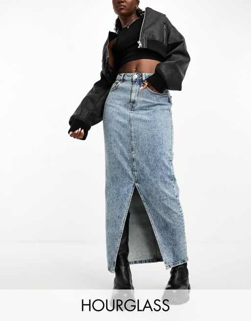 Busted hem clearance denim midi skirt