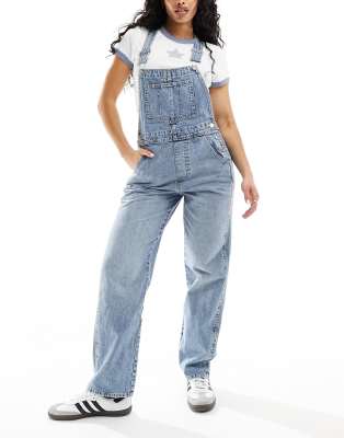 Asos Design Hourglass Denim Overalls In Mid Blue