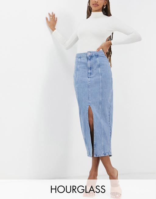 ASOS DESIGN Hourglass denim seamed midi skirt in mid wash