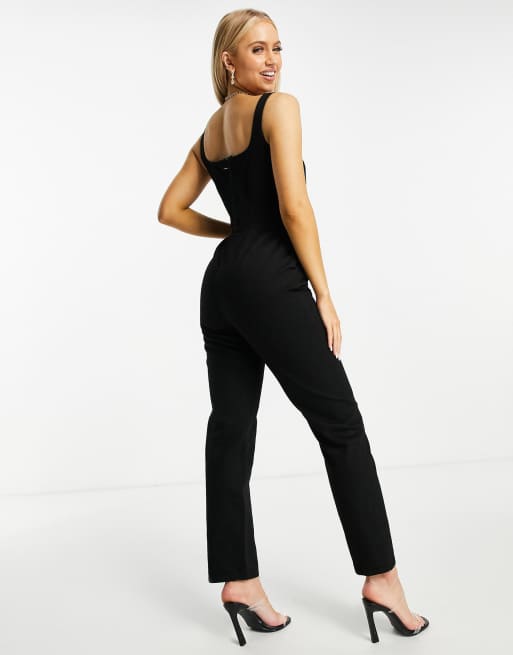 ASOS DESIGN Hourglass denim square neck fitted jumpsuit in washed black