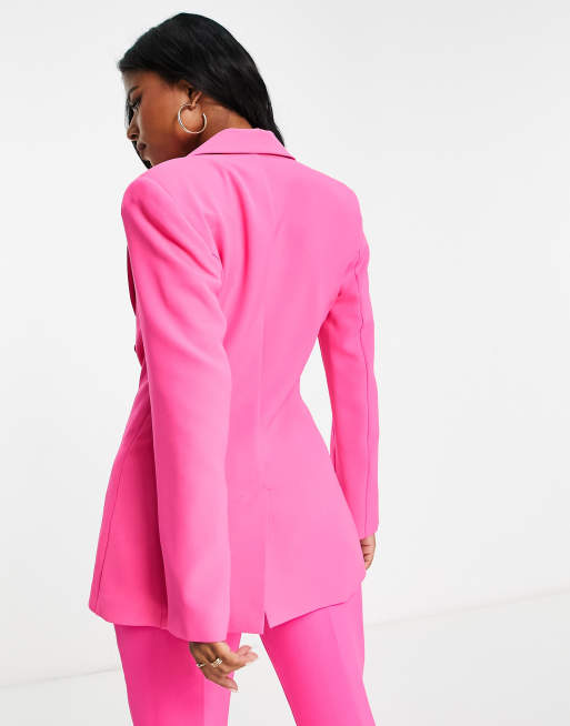 ASOS Design Jersey Exaggerated Shoulder Satin Suit Blazer in Pink