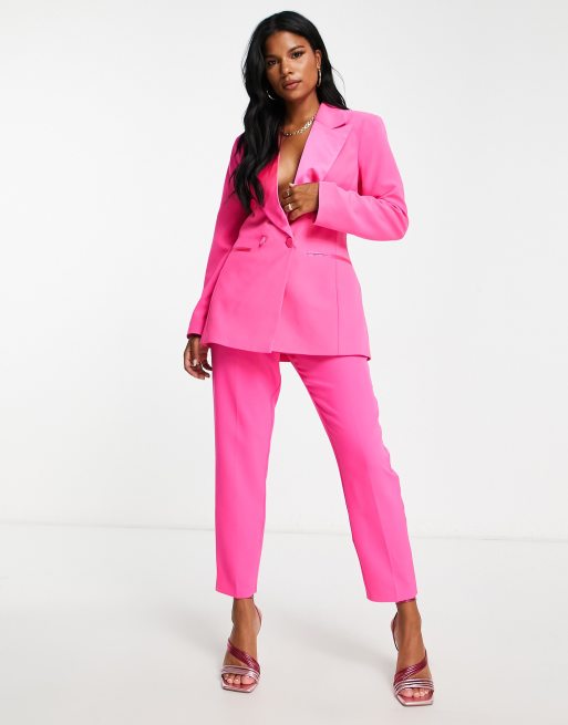 Pink Long Suit Jacket Vest Pants, Woman Designer Blazer Pantsuit