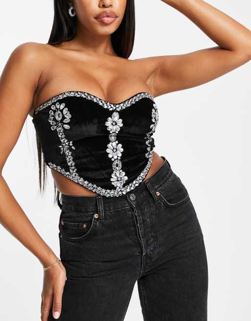 ASOS DESIGN Hourglass embellished velvet corset in black