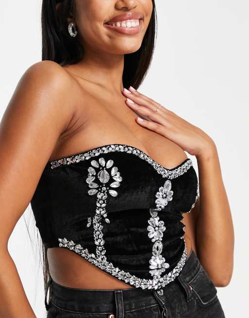 NEW Starlet ASOS Black Crushed Velvet Embellished Zip Back Corset Top 8