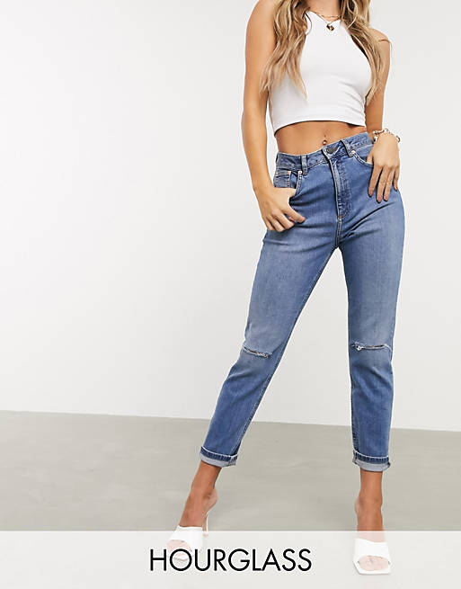 ASOS DESIGN Hourglass - Farleigh - Mom jeans vita alta slim lavaggio medio con strappi