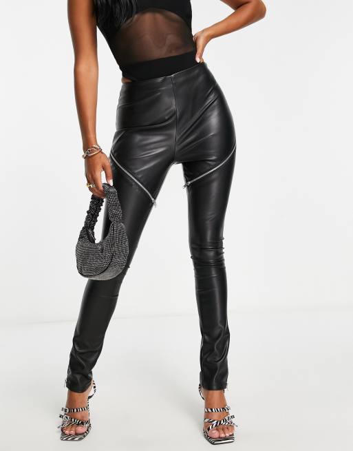 ASOS DESIGN high shine vinyl pants with diamante side lace up flare in  black