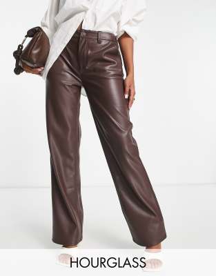 Asos Design Faux Leather Straight Leg Pants In Brown In Brown