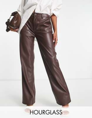 ASOS DESIGN HOURGLASS FAUX LEATHER STRAIGHT LEG PANTS IN BROWN