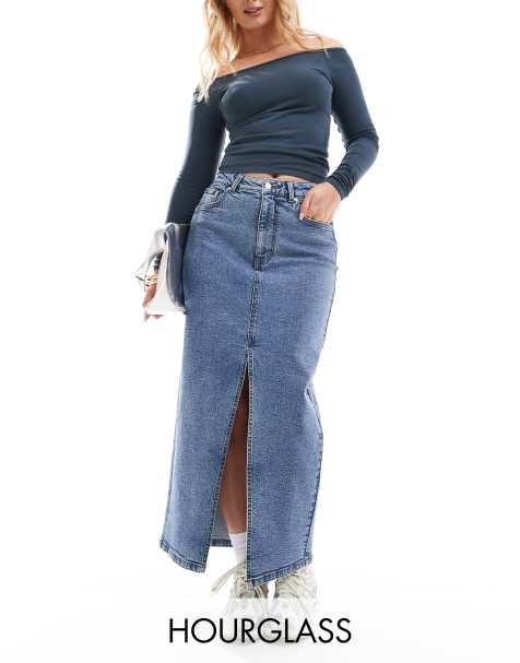 ASOS DESIGN Hourglass - Gonna lunga in denim con spacco sul fondo lavaggio blu medio - view 1