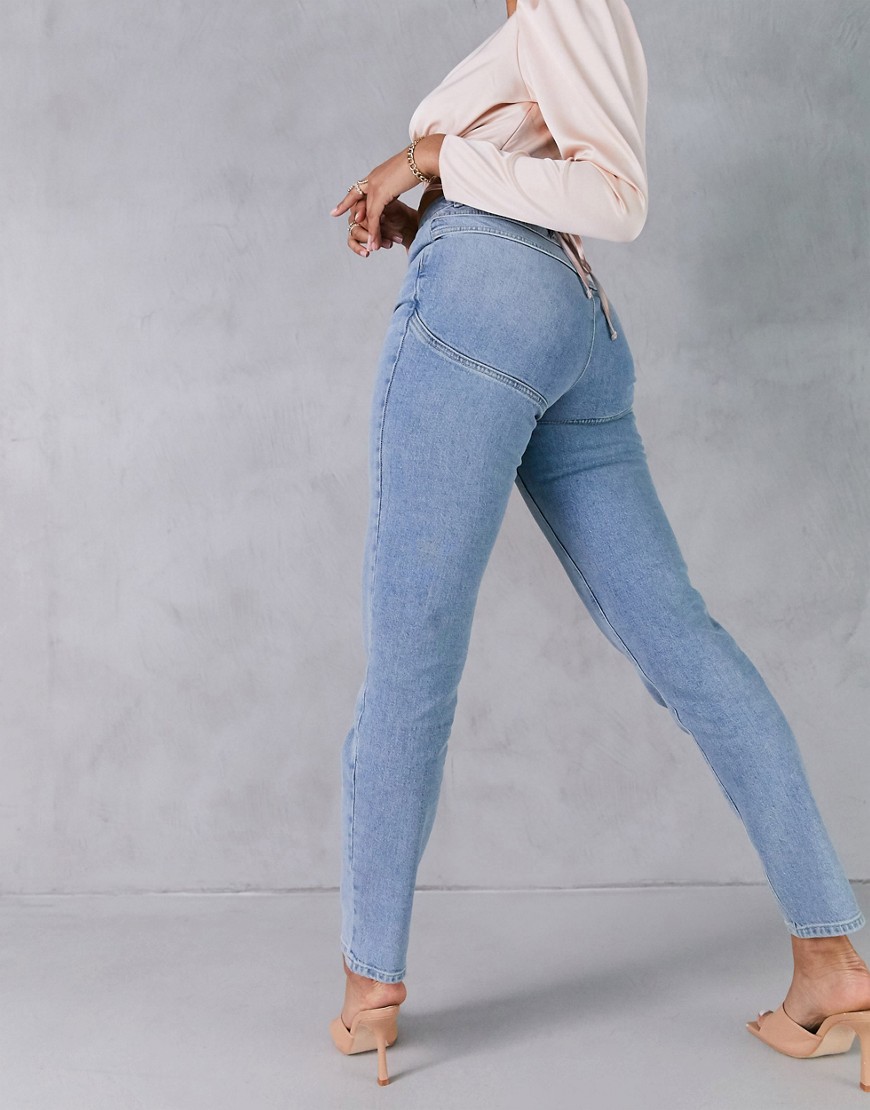 ASOS DESIGN Hourglass high rise 'lift and contour' slim mom jeans in midwash-Blue