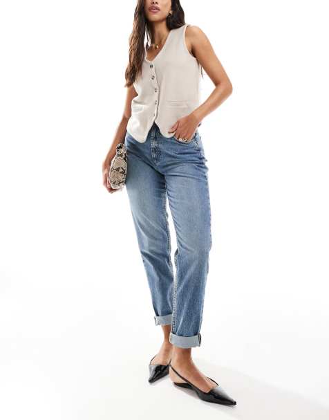 ASOS DESIGN Hourglass high rise relaxed mom jeans in mid blue - view 1