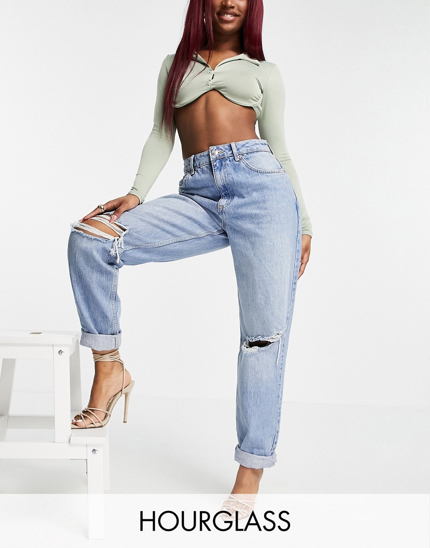 ASOS DESIGN Hourglass high rise slouchy mom jeans in stonewash with rips-Blues