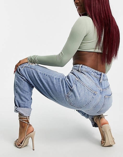 Women Hourglass high rise 'slouchy' mom jeans in stonewash with rips 