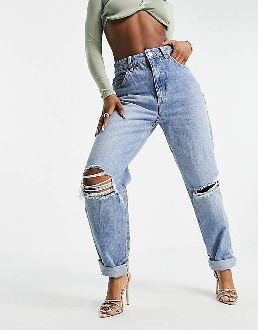 Jeans Hourglass high rise 'slouchy' mom jeans in stonewash with rips 