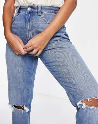 ASOS DESIGN Curve high rise original mom jeans in light wash with rips