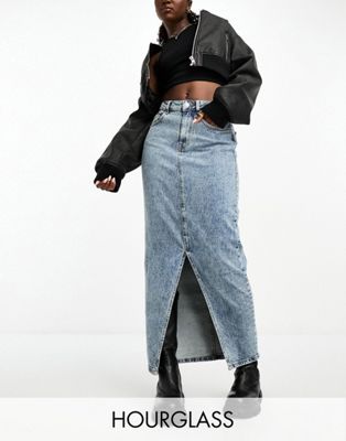 ASOS DESIGN Hourglass - Jupe mi-longue en jean avec ourlet fendu - Délavage moyen | ASOS