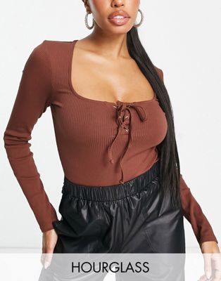 Asos Design Hourglass Lace Up Front Long Sleeve Bodysuit In Chocolate-brown