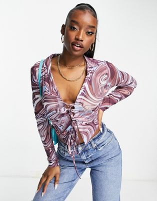ASOS DESIGN Hourglass lace up shirt in purple marble print - ASOS Price Checker