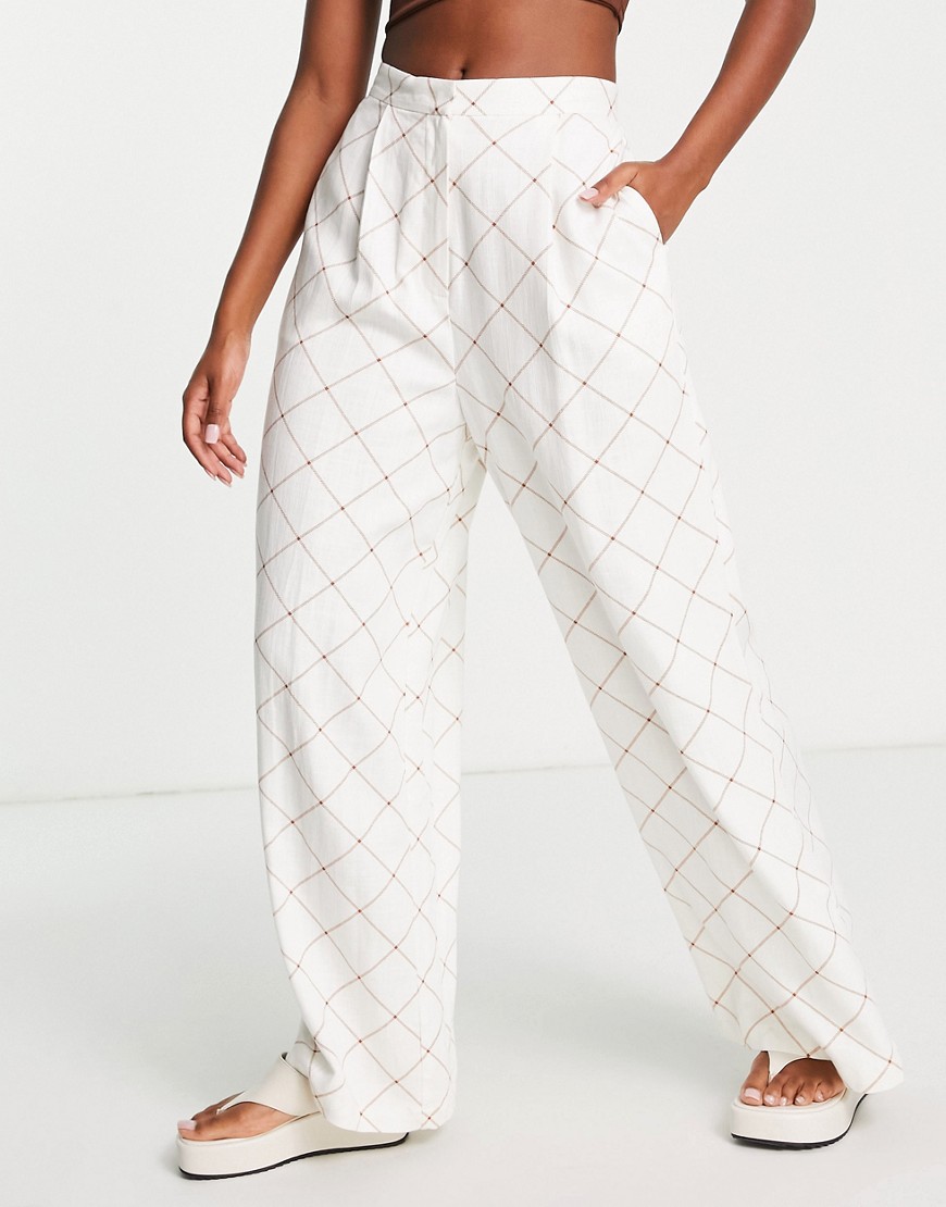 ASOS DESIGN Hourglass linen grid check wide leg relaxed flare pants in cream-White