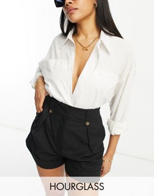 Shop Asos Design Hourglass Mom Short With Waist Tabs With Linen In Black