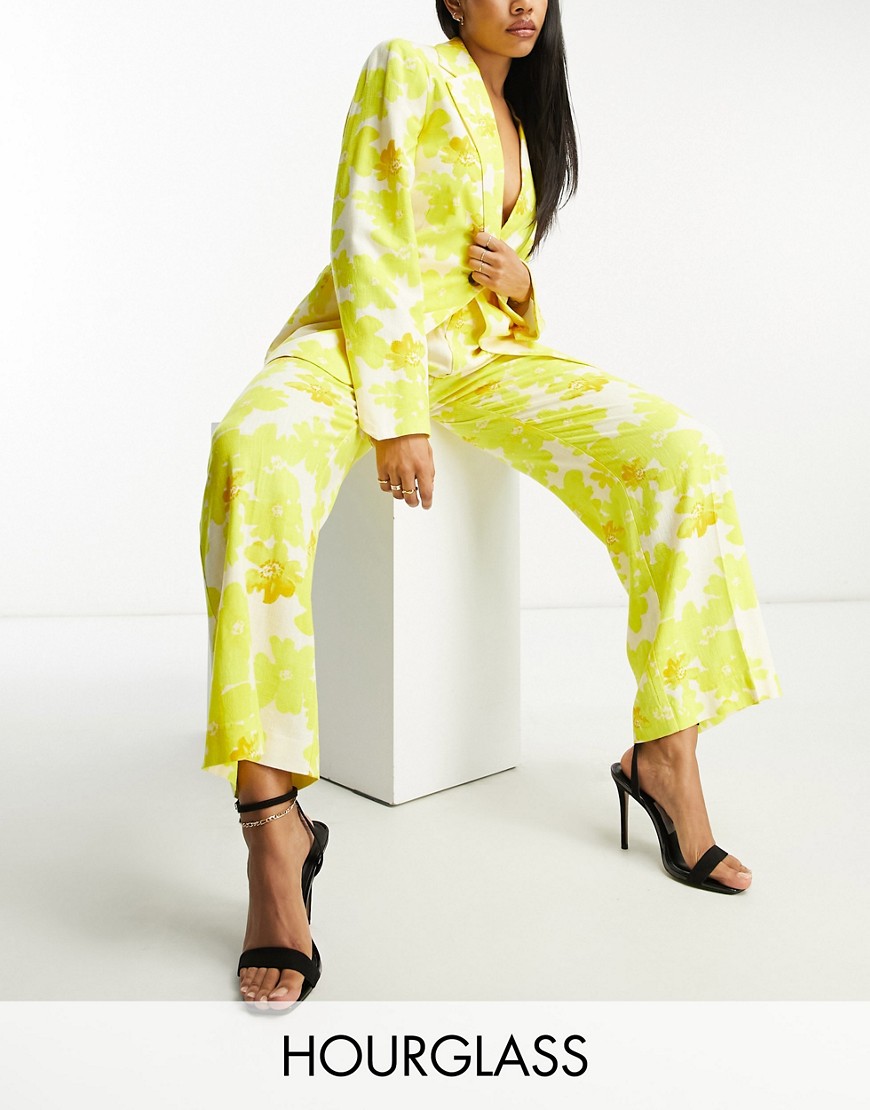 ASOS DESIGN Hourglass oversized floral relaxed suit trousers with linen in yellow