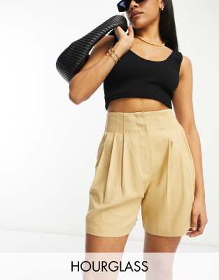 Shop Asos Design Hourglass Seamed Waist Short With Linen In Neutral