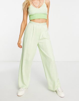 ASOS DESIGN Hourglass linen wide leg relaxed flare suit trousers in lime