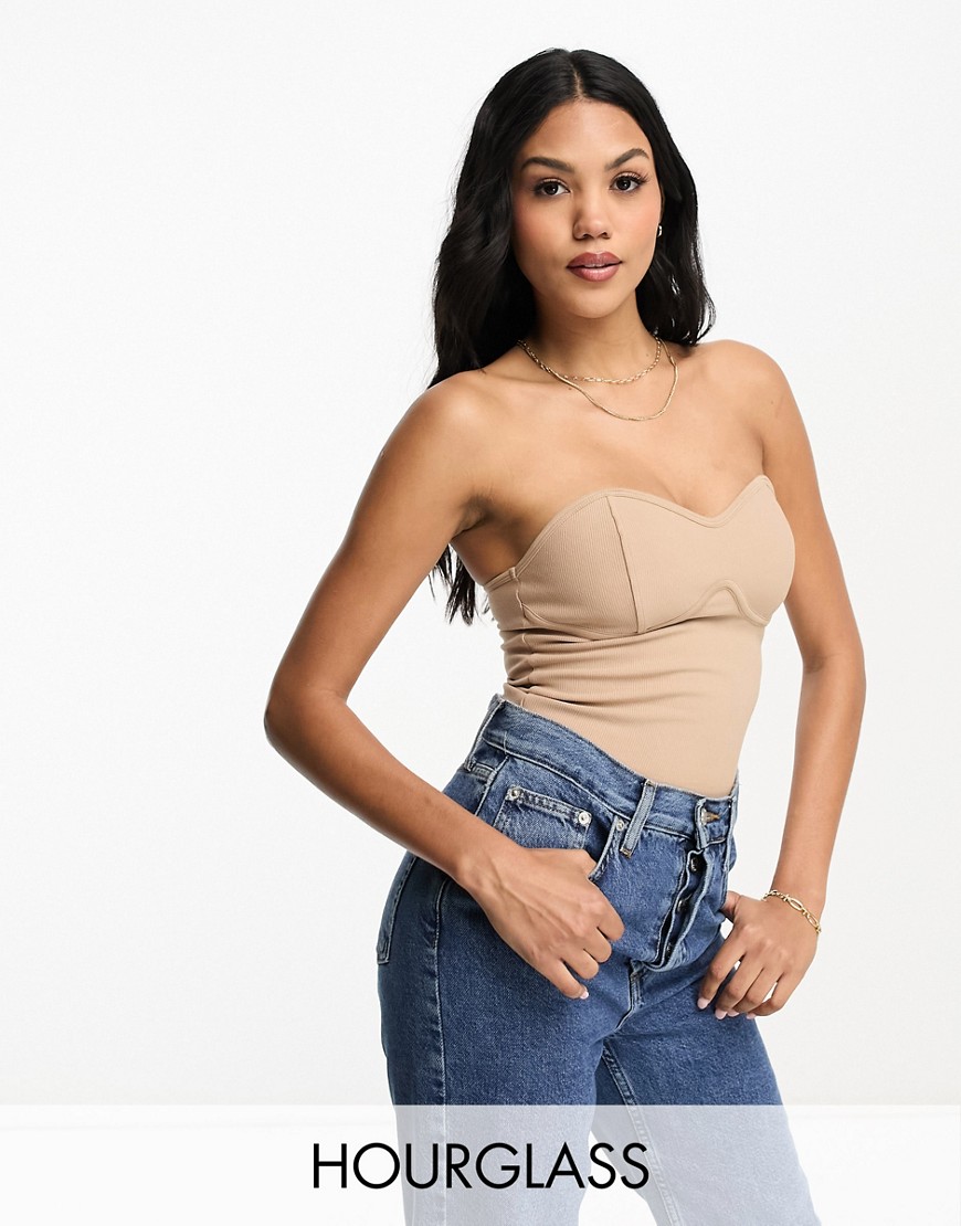 ASOS DESIGN Hourglass long line chunky rib bandeau top with bust seam detail in camel-Neutral