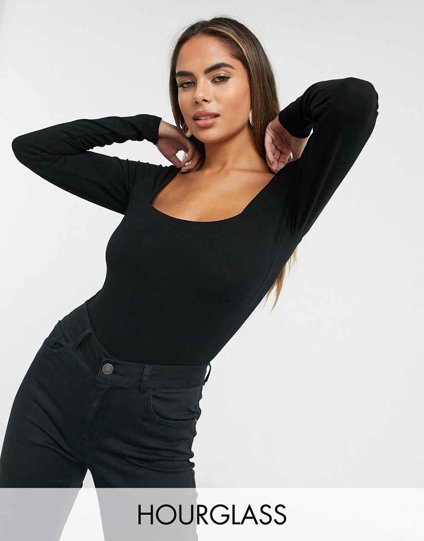 ASOS DESIGN Hourglass long sleeve bodysuit with square front and back in black