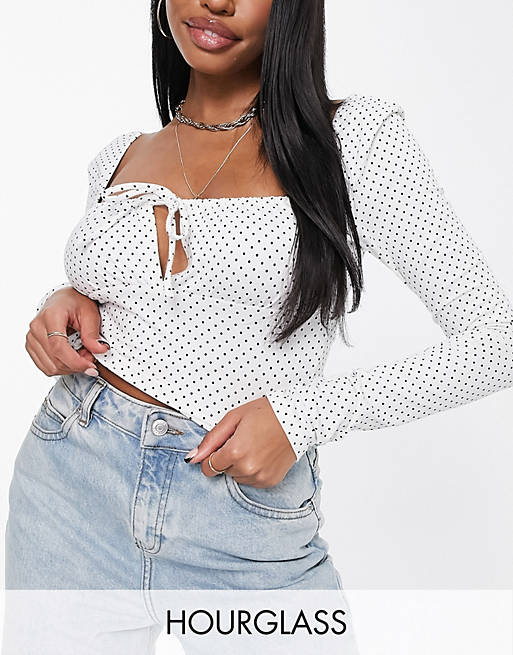 Tops Hourglass long sleeve square neck tie detail top in polka dot 