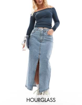 ASOS DESIGN Hourglass - Maxi-Jeansrock mit Saumschlitz in mittelblauer Waschung