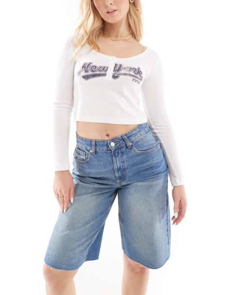 ASOS DESIGN Hourglass – Mellanblå, tvättade, baggy jeansshorts i lång modell - view 1