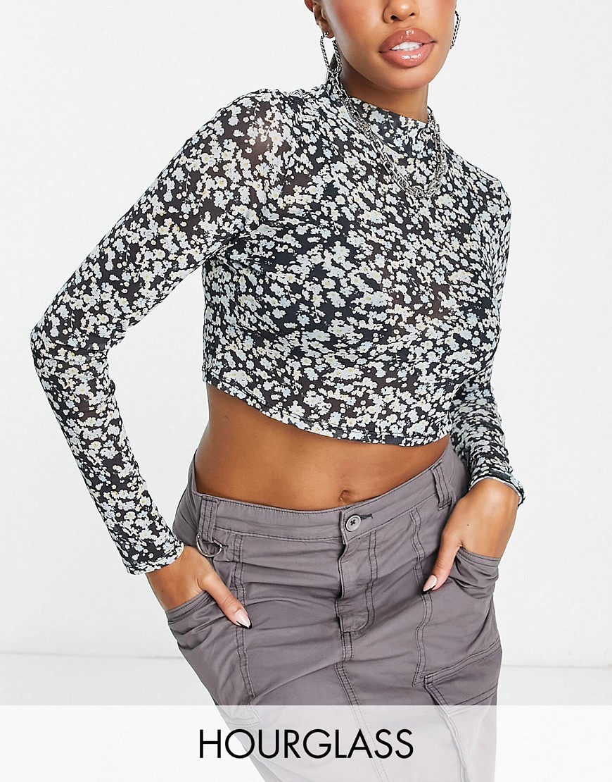 ASOS DESIGN Hourglass mesh high neck long sleeve top in blue floral print