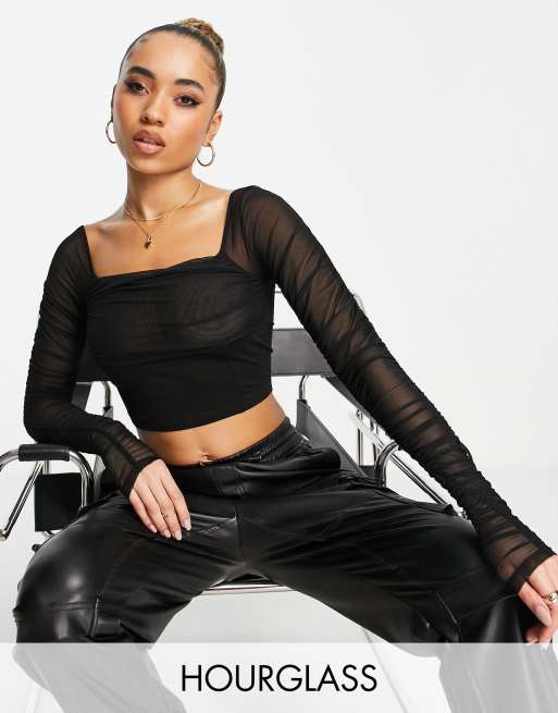 ASOS Long Sleeve Crop Top With Mesh Corset Detail in Black