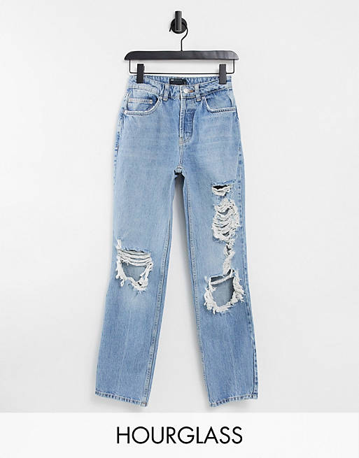ASOS DESIGN Hourglass mid rise '90s' straight leg jean in lightwash with extreme rips