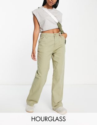 ASOS DESIGN - Hourglass - Minimalistische Cargohose in Khaki mit Kontrastnähten-Grün