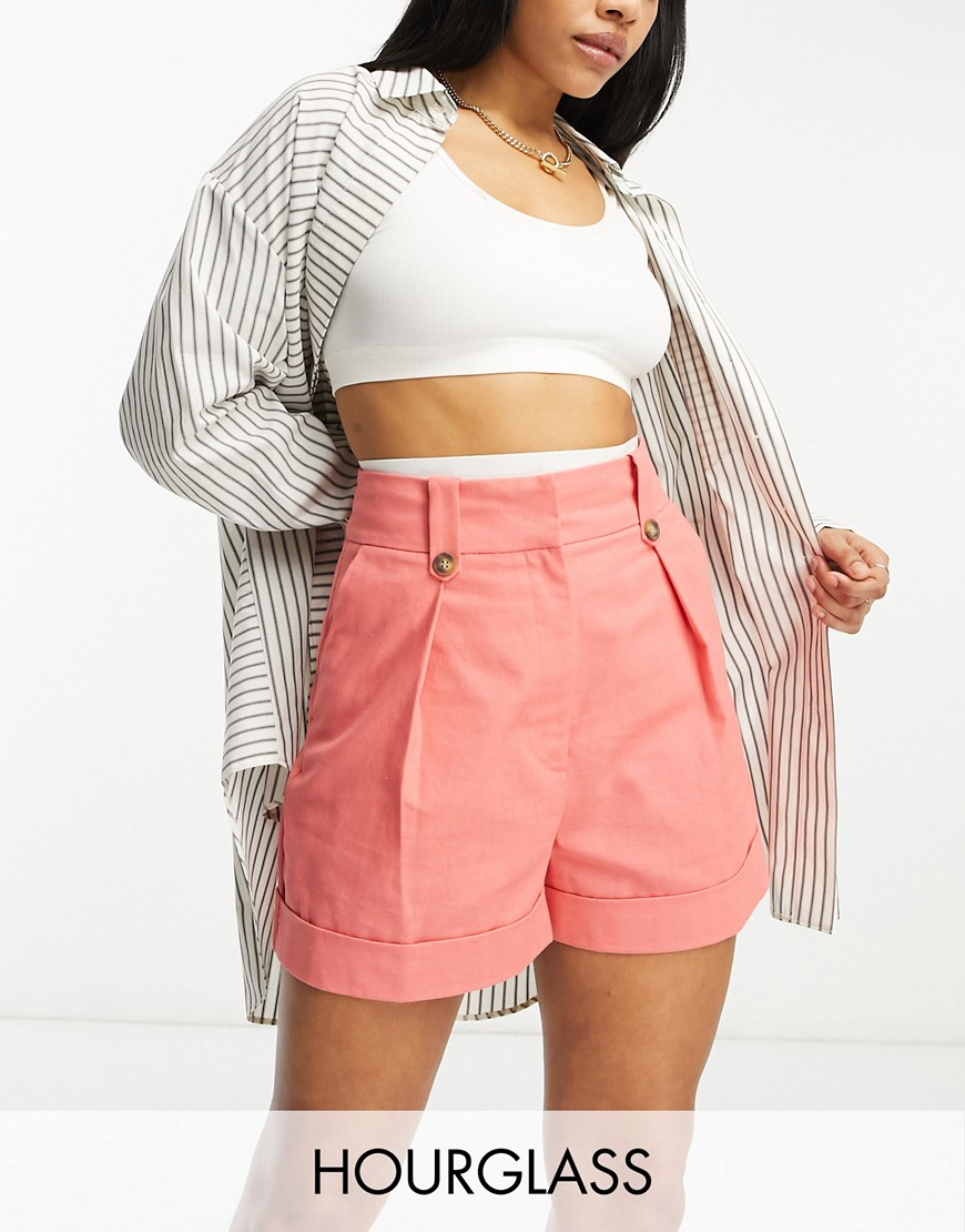 ASOS DESIGN Hourglass mom short with waist tabs with linen in coral-Orange