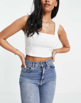 Asos Design Organic Cotton Crop Cami With Square Neck And Seam Detail In Washed Sage-green In White